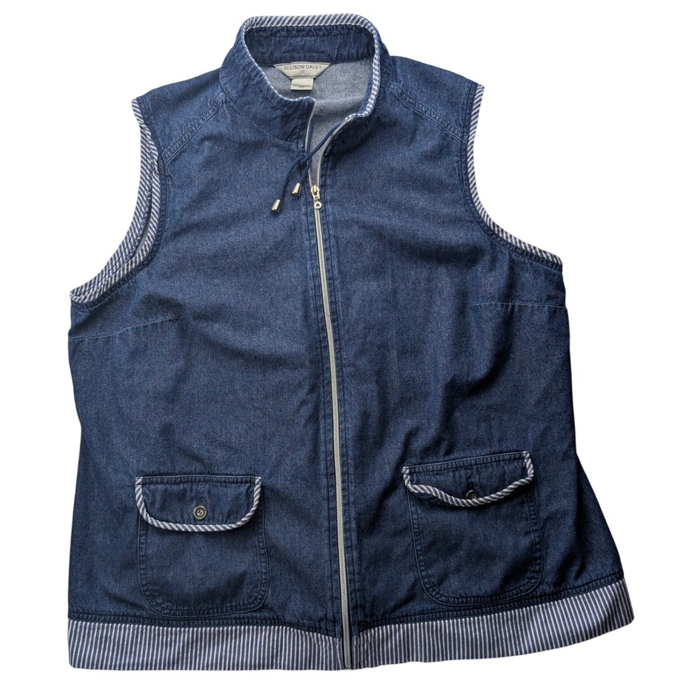Allison Daley Womens Blue Denim Zip Up Vest Striped Trim Nautical Plus Size 18W
